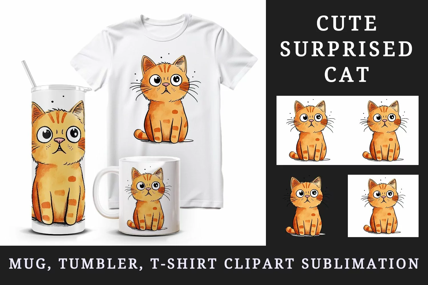 Watercolor cute surprised cat shocked kitty kitten animal funny pet print 20 oz tumbler skinny mug wrap clipart t-shirt sublimation printable design