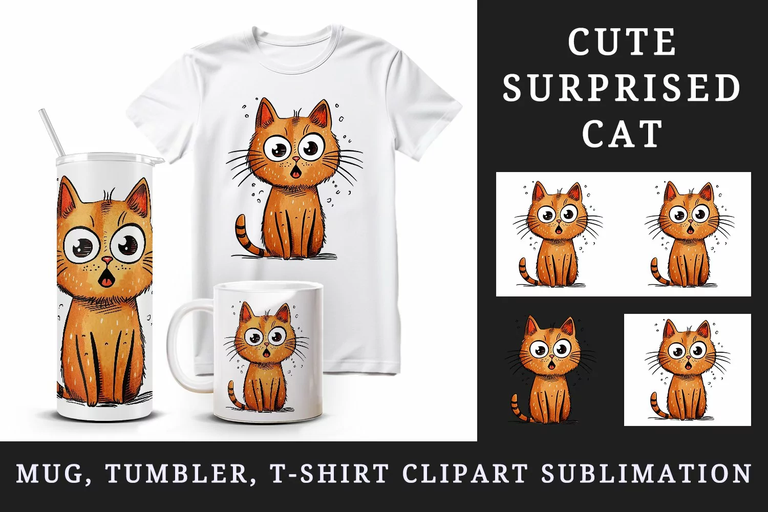 Watercolor cute surprised cat shocked kitty kitten animal funny pet print 20 oz tumbler skinny mug wrap clipart t-shirt sublimation printable design
