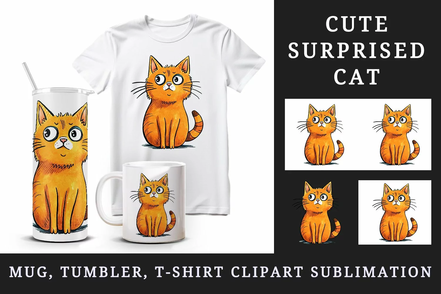 Watercolor cute surprised cat shocked kitty kitten animal funny pet print 20 oz tumbler skinny mug wrap clipart t-shirt sublimation printable design