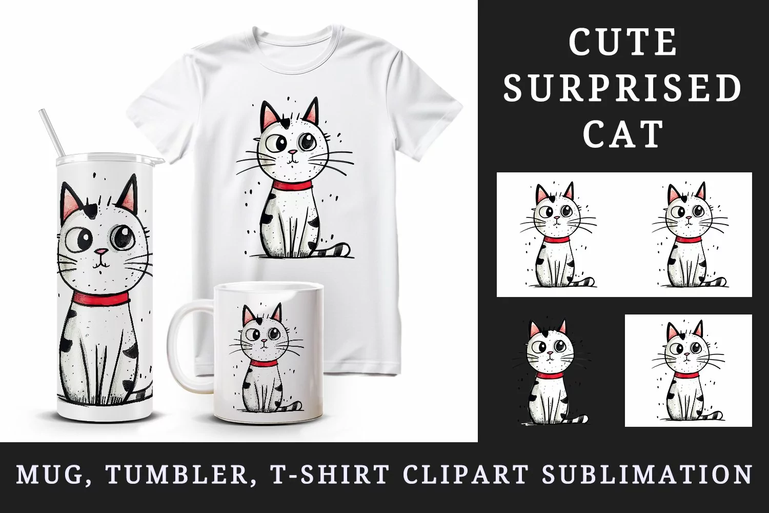 Watercolor cute surprised cat shocked kitty kitten animal funny pet print 20 oz tumbler skinny mug wrap clipart t-shirt sublimation printable design