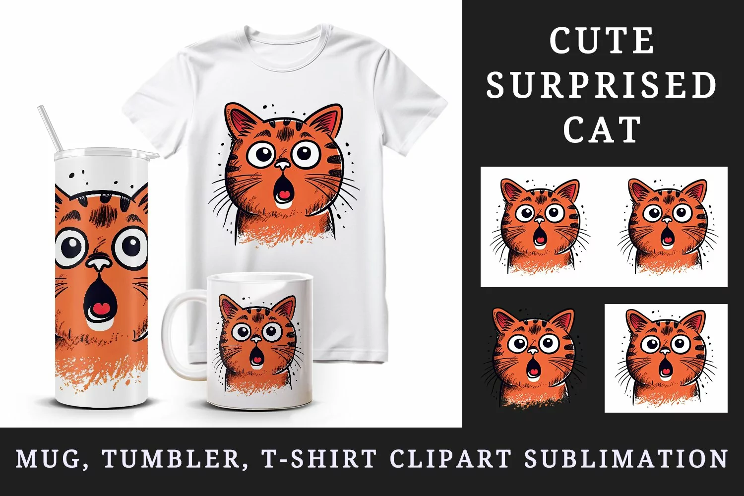 Watercolor cute surprised cat shocked kitty kitten animal funny pet print 20 oz tumbler skinny mug wrap clipart t-shirt sublimation printable design