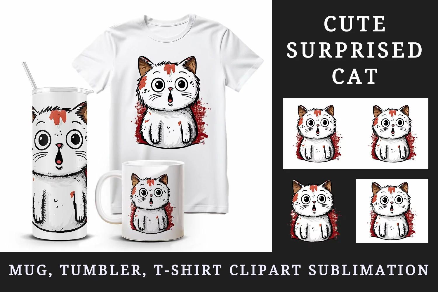 Watercolor cute surprised cat shocked kitty kitten animal funny pet print 20 oz tumbler skinny mug wrap clipart t-shirt sublimation printable design