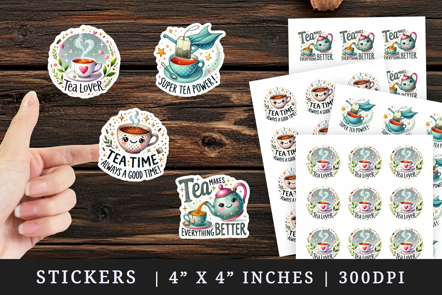 Watercolor cute tea kettle cup teacup with steam teapot bag leaves tea time tea lover quote print sticker sheet stickers printable sublimation design png