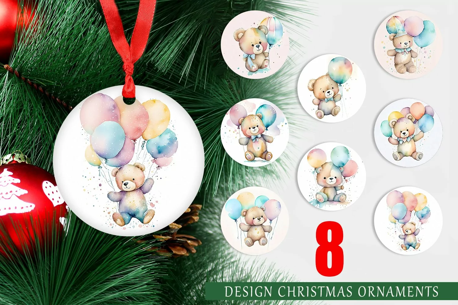 Christmas Ornaments Watercolor Teddy Bear product image 1