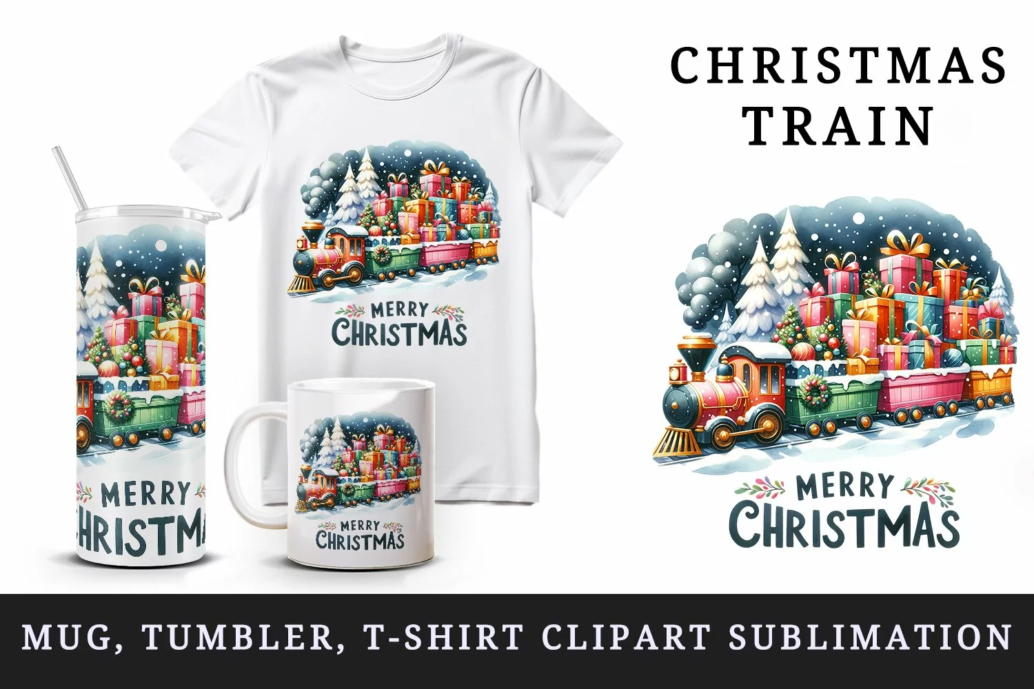 Watercolor cute train colorful gifts trees Merry Christmas quote print 20 oz tumbler skinny mug wrap clipart t-shirt sublimation printable design