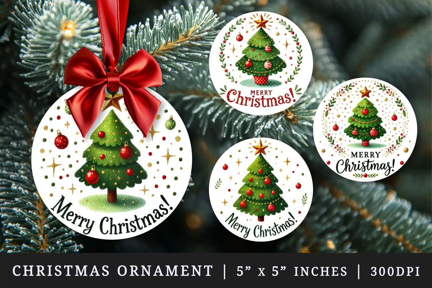 Watercolor cute tree decorated with red ornaments gold star Merry Christmas quote New Year winter print round ornament ornaments sublimation design