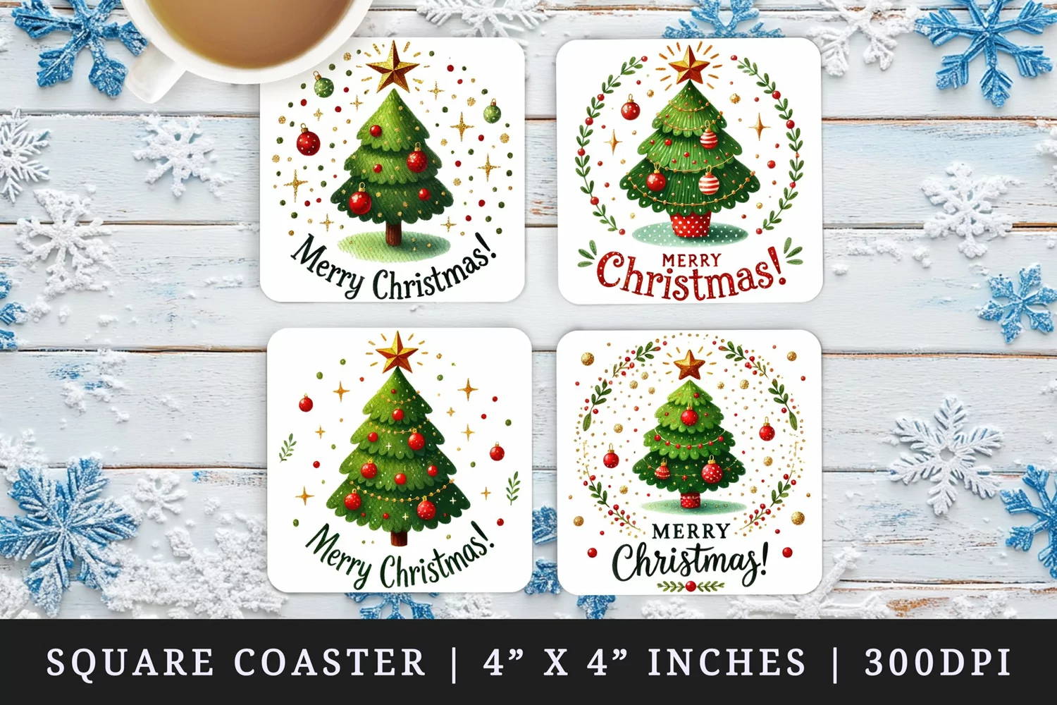 Watercolor cute tree decorated with red ornaments gold star Merry Christmas quote New Year winter print square coaster mug coasters sublimation design
