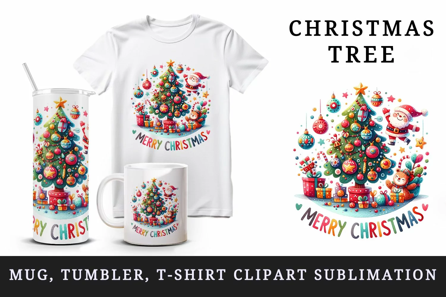 Watercolor cute tree gifts jolly Santa Claus Merry Christmas quote print 20 oz tumbler skinny mug wrap clipart t-shirt sublimation printable design
