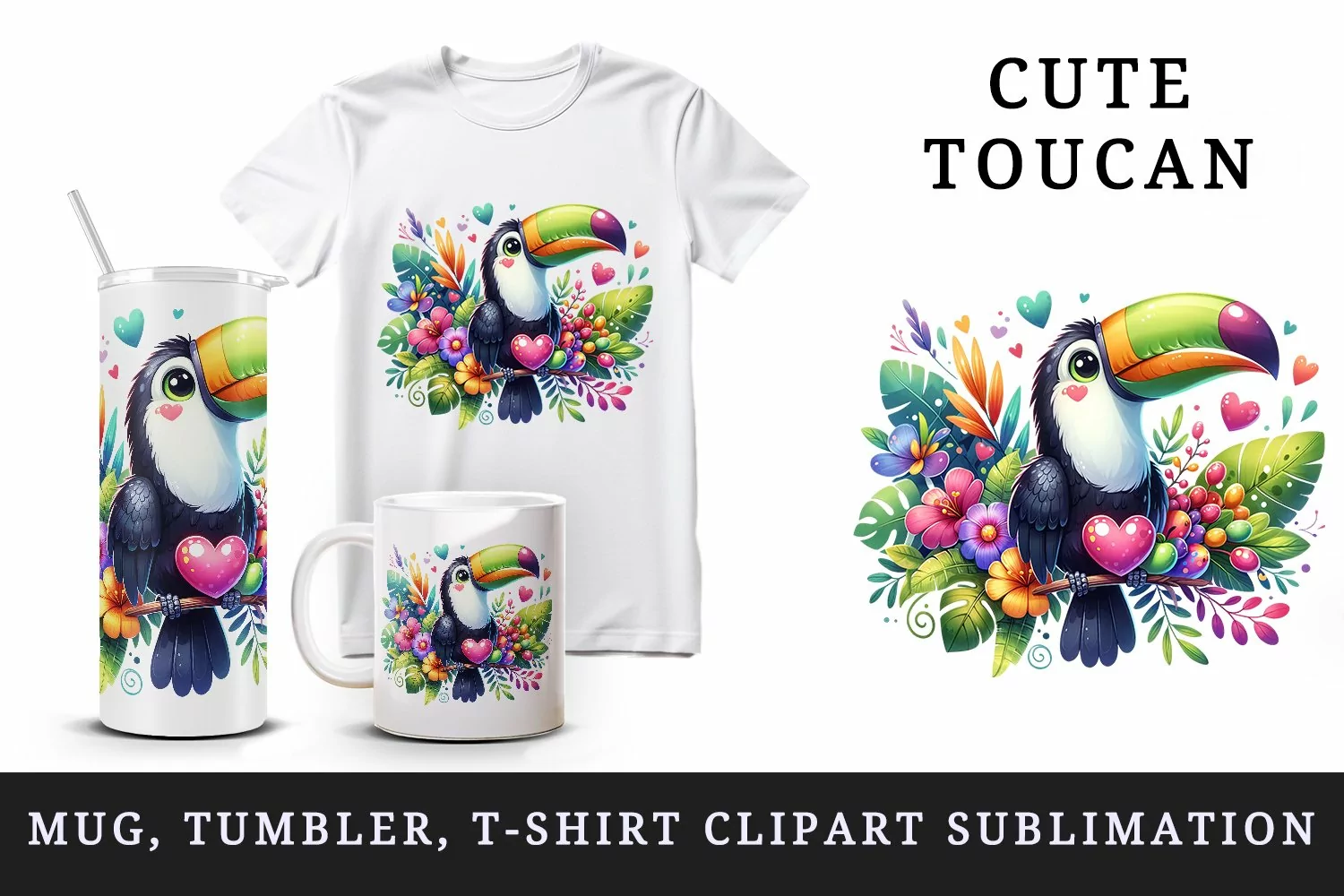 Watercolor cute tropical toucan on branch love heart Valentine Day print 20 oz tumbler skinny mug wrap clipart t-shirt sublimation printable design