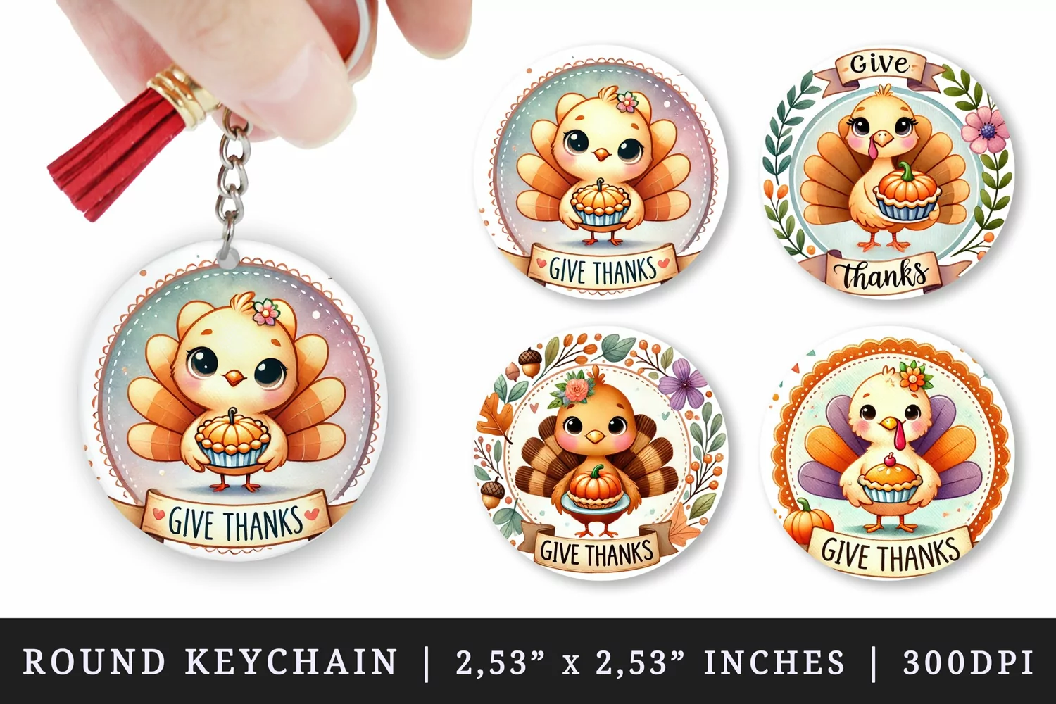 Watercolor cute turkey holding pumpkin pie Give Thanks quote Thanksgiving autumn fall print round keychain keychains sublimation design