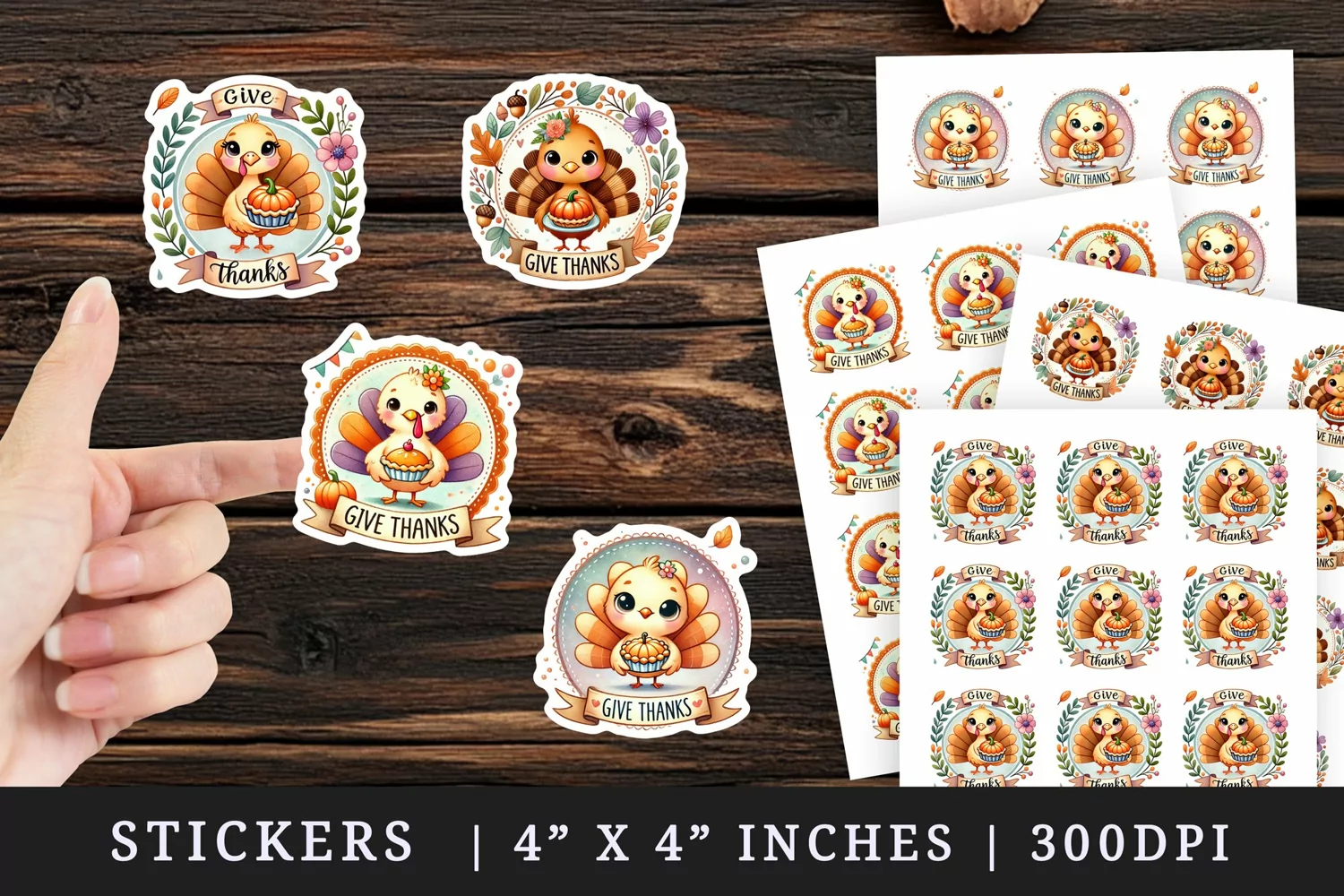 Watercolor cute turkey holding pumpkin pie Give Thanks quote Thanksgiving autumn fall print sticker sheet stickers printable sublimation design png