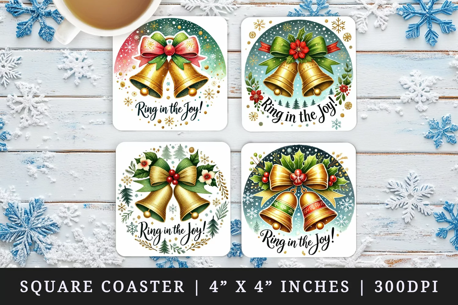 Watercolor cute two jingle bells with big bow snowflakes Christmas quote New Year winter print square coaster mug coasters sublimation design