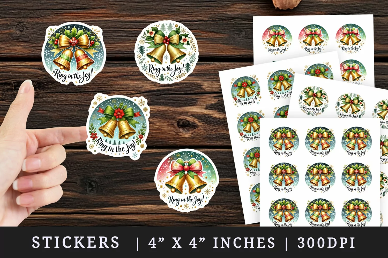 Watercolor cute two jingle bells with big bow snowflakes Christmas quote New Year winter print sticker sheet stickers printable sublimation design png