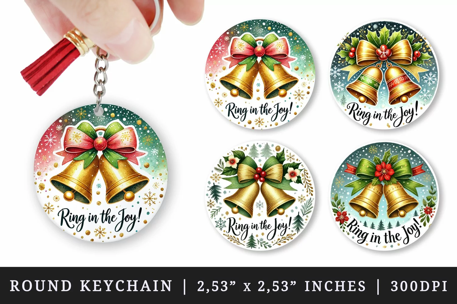 Watercolor cute two jingle bells with bow snowflakes circular form Christmas quote New Year winter print round keychain keychains sublimation design