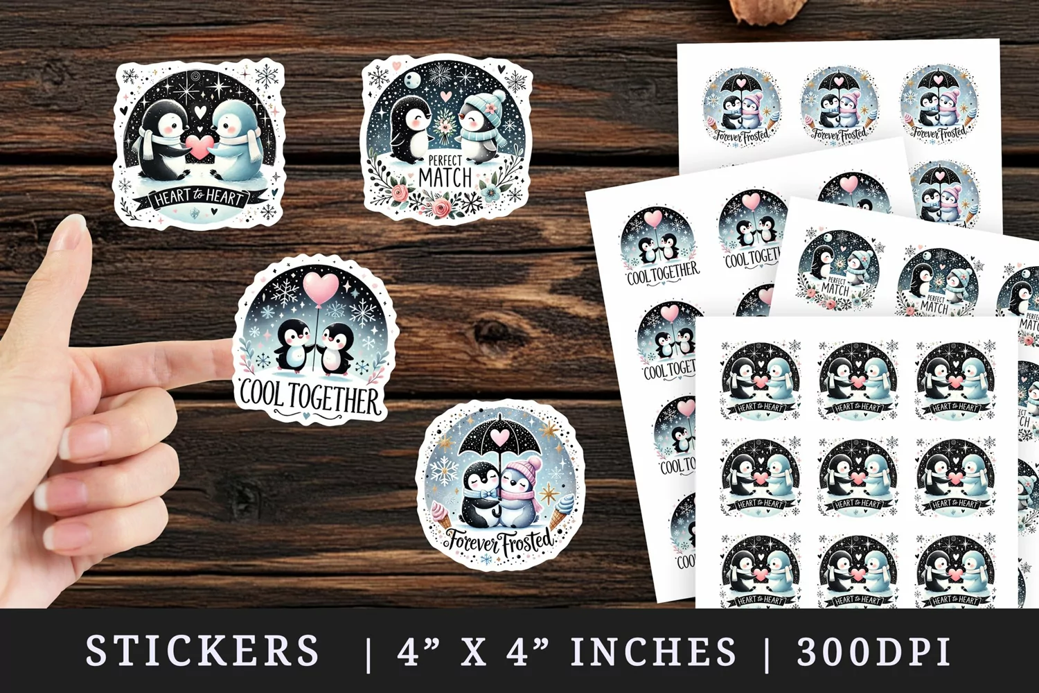 Watercolor cute two penguins holding heart balloon gift bouquet Valentine Day quote love print sticker sheet stickers printable sublimation design png