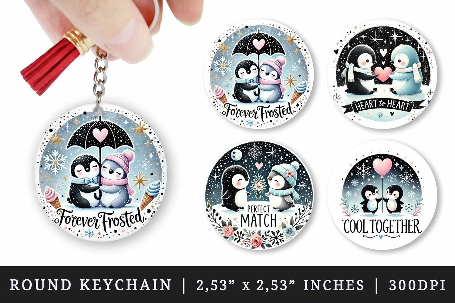 Watercolor cute two penguins holding heart-shaped balloon gift bouquet Valentines Day quote love print round keychain keychains sublimation design