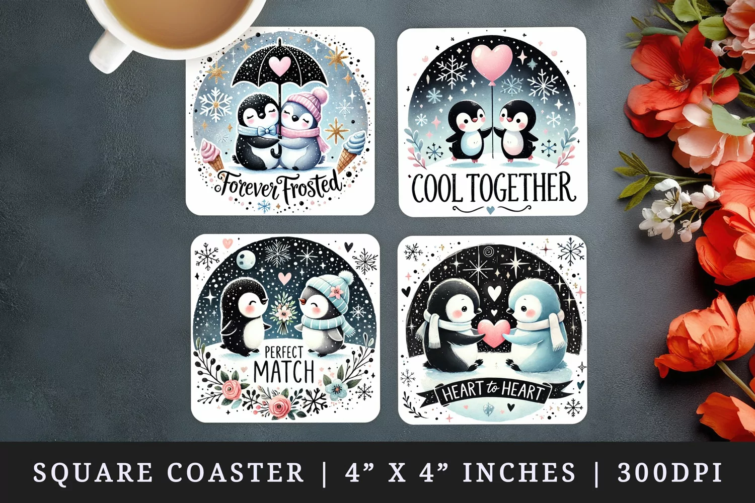Watercolor cute two penguins holding heart-shaped balloon gift bouquet Valentines Day quote love print square coaster mug coasters sublimation design