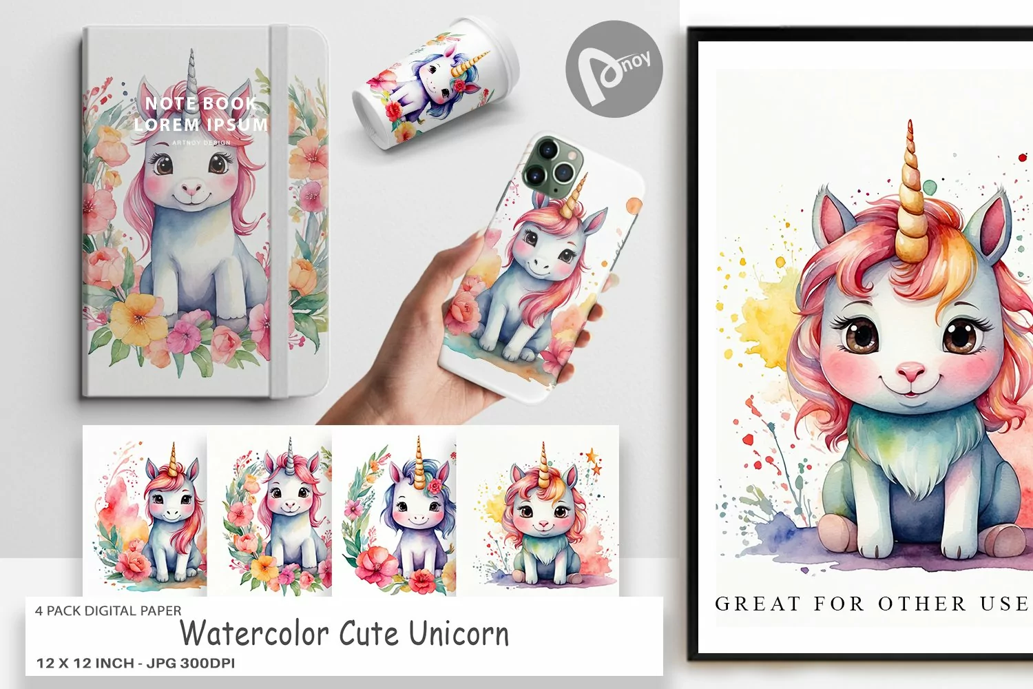 Digital Paper Watercolor Cute Unicorn product image 1