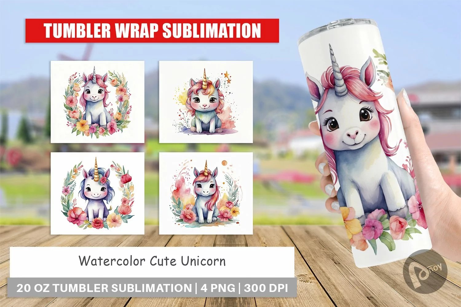 Tumbler Wrap Watercolor Cute Unicorn product image 1