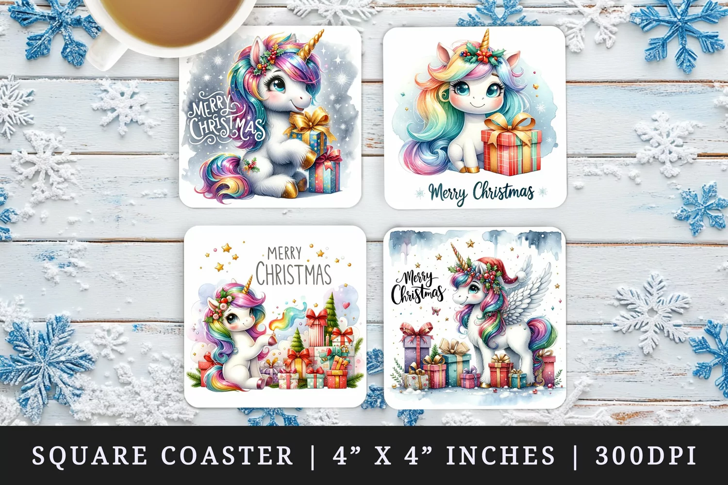 Watercolor cute unicorn girt box gold glitter stars sparkles Merry Christmas quote New Year winter print square coaster mug coasters sublimation design