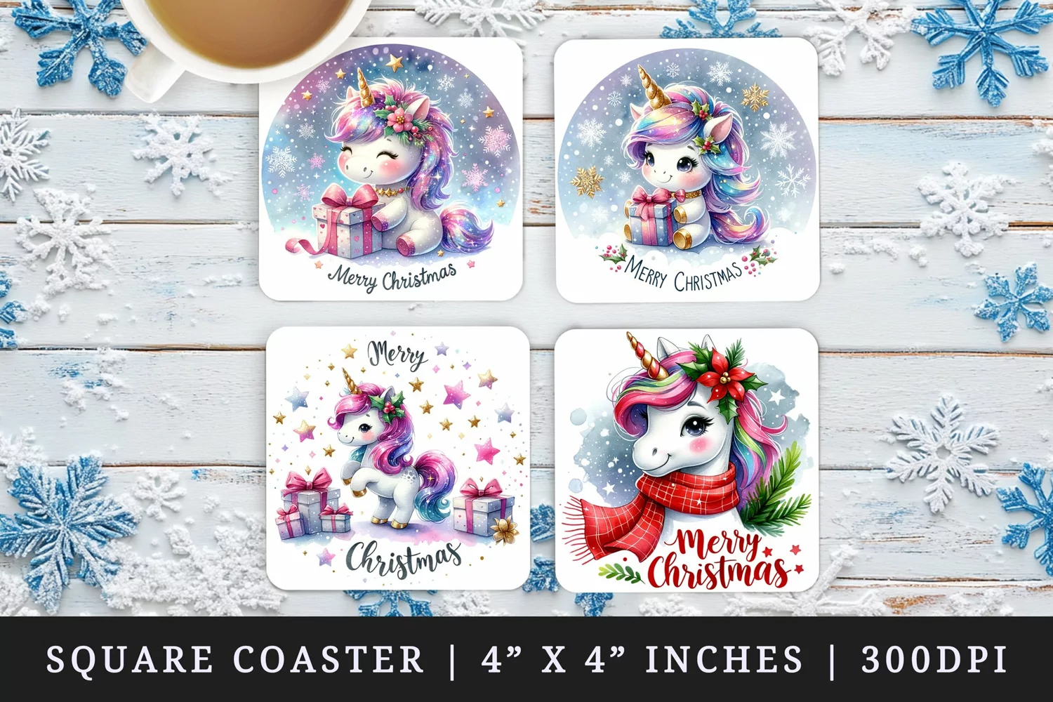 Watercolor cute unicorn girt box gold glitter star sparkles Merry Christmas quote New Year winter print square coaster mug coasters sublimation design