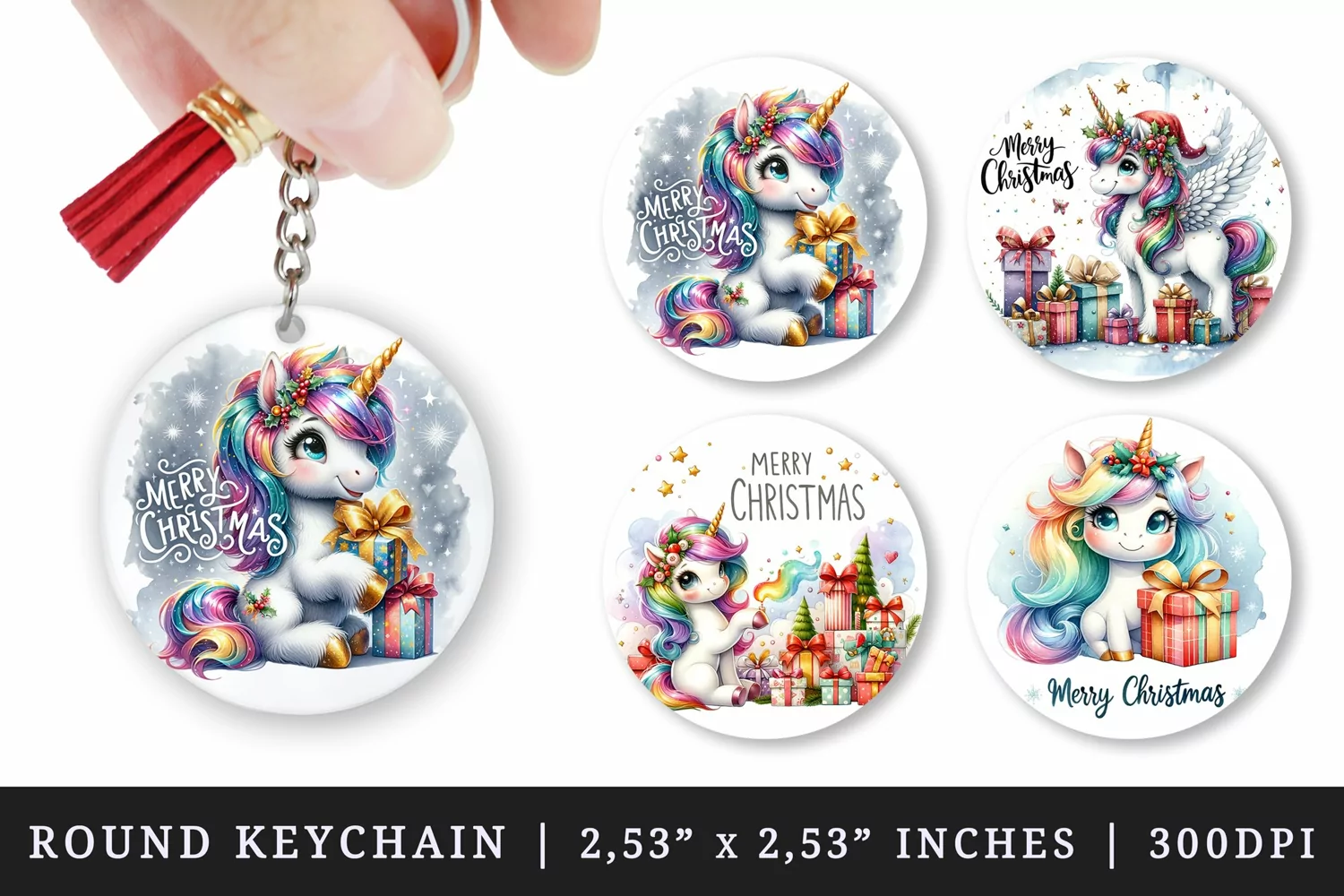 Watercolor cute unicorn girt box gold glitter stars sparkles Merry Christmas quote New Year winter print round keychain keychains sublimation design