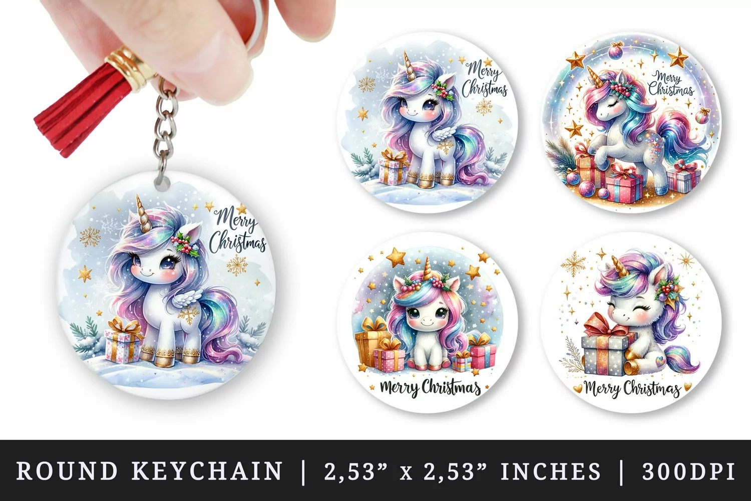 Watercolor cute unicorn girt box gold glitter stars sparkles Merry Christmas quote New Year winter print round keychain keychains sublimation design