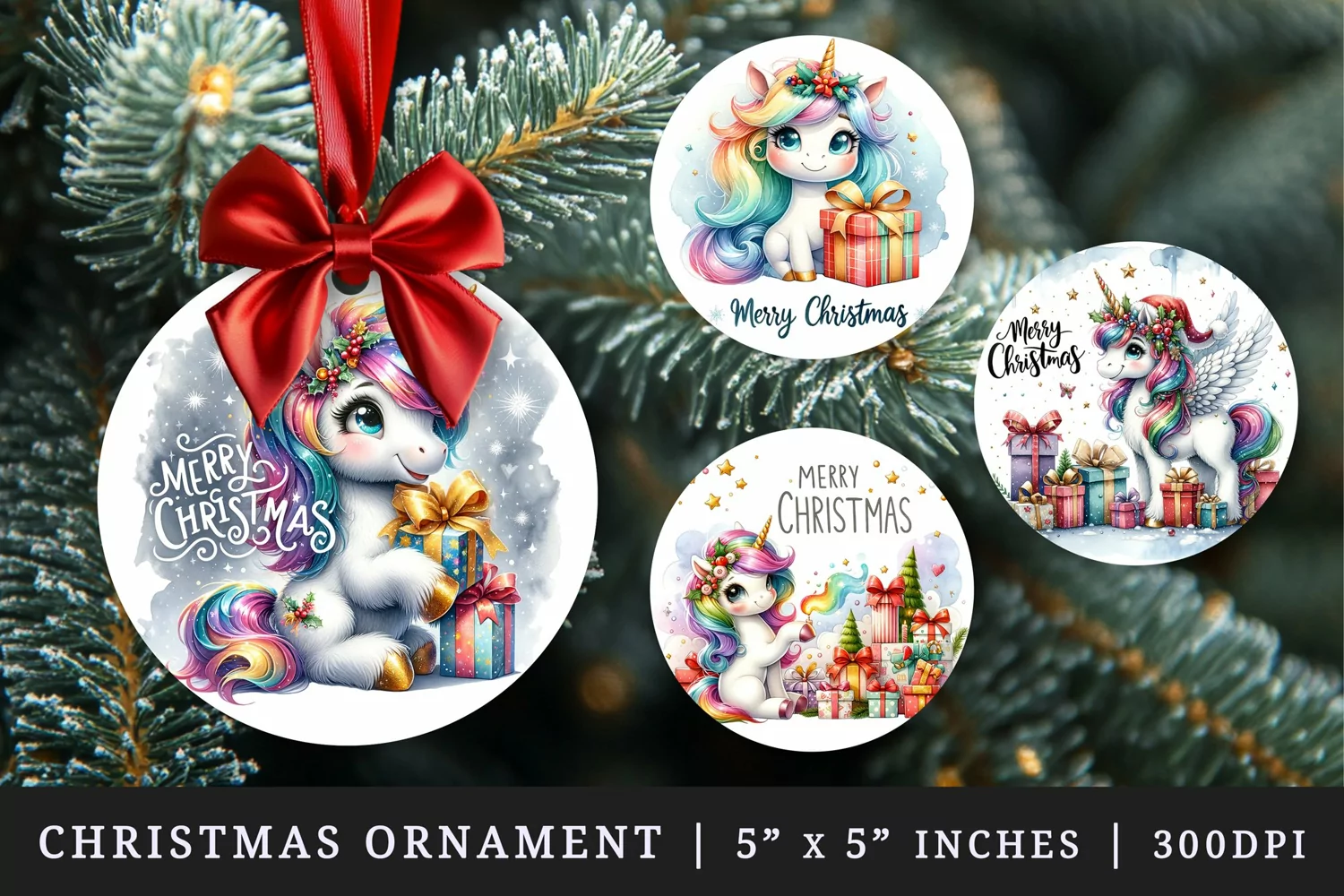 Watercolor cute unicorn girt box gold glitter stars sparkles Merry Christmas quote New Year winter print round ornament ornaments sublimation design