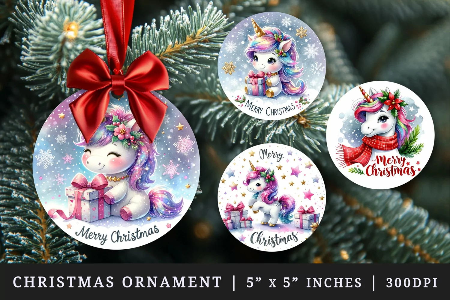 Watercolor cute unicorn girt box gold glitter stars sparkles Merry Christmas quote New Year winter print round ornament ornaments sublimation design