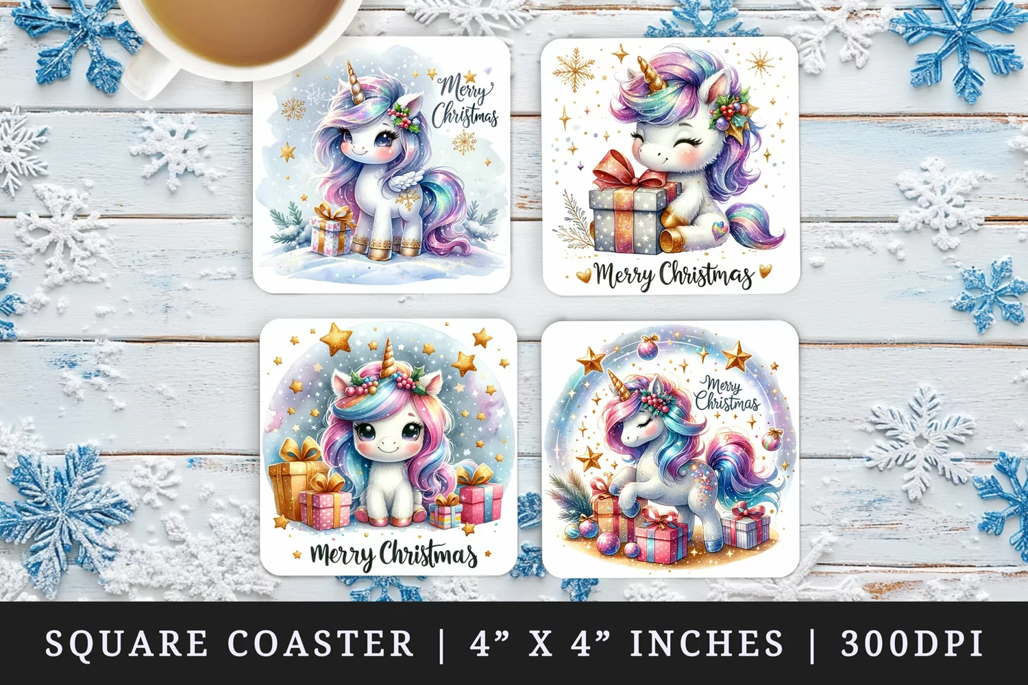 Watercolor cute unicorn girt box gold glitter stars sparkles Merry Christmas quote New Year winter print square coaster mug coasters sublimation design