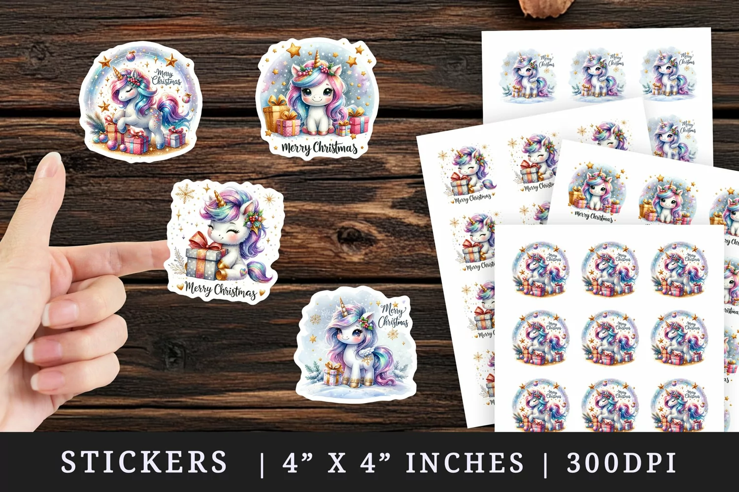 Watercolor cute unicorn girt box gold stars sparkles Merry Christmas quote New Year winter print sticker sheet stickers printable sublimation design png