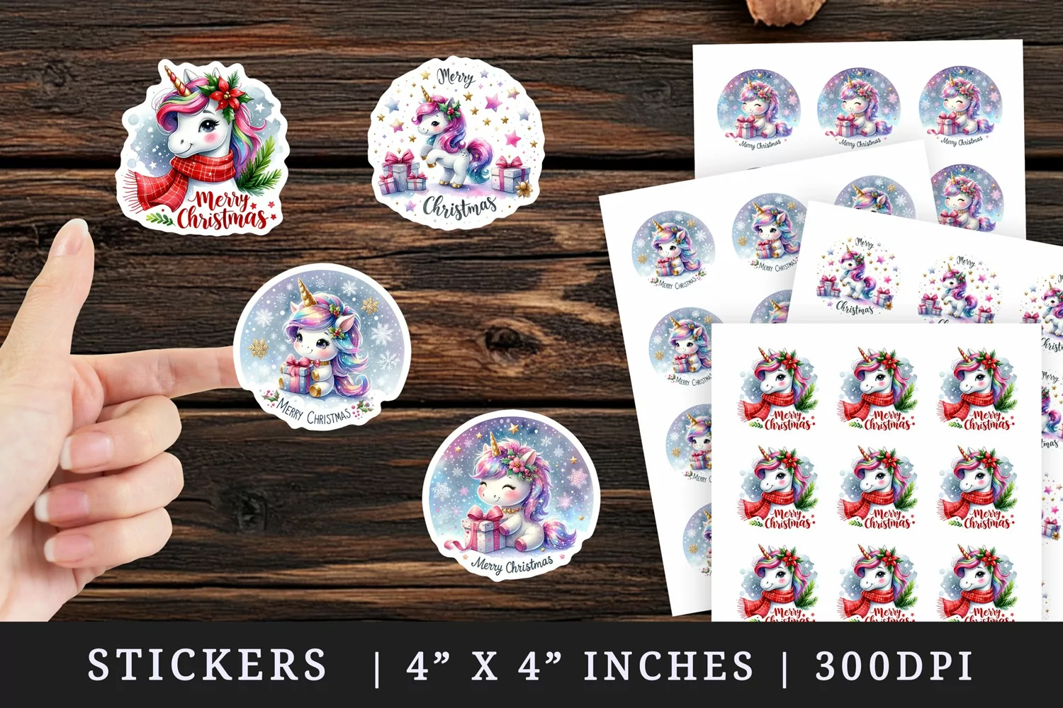 Watercolor cute unicorn girt box gold stars sparkles Merry Christmas quote New Year winter print sticker sheet stickers printable sublimation design png