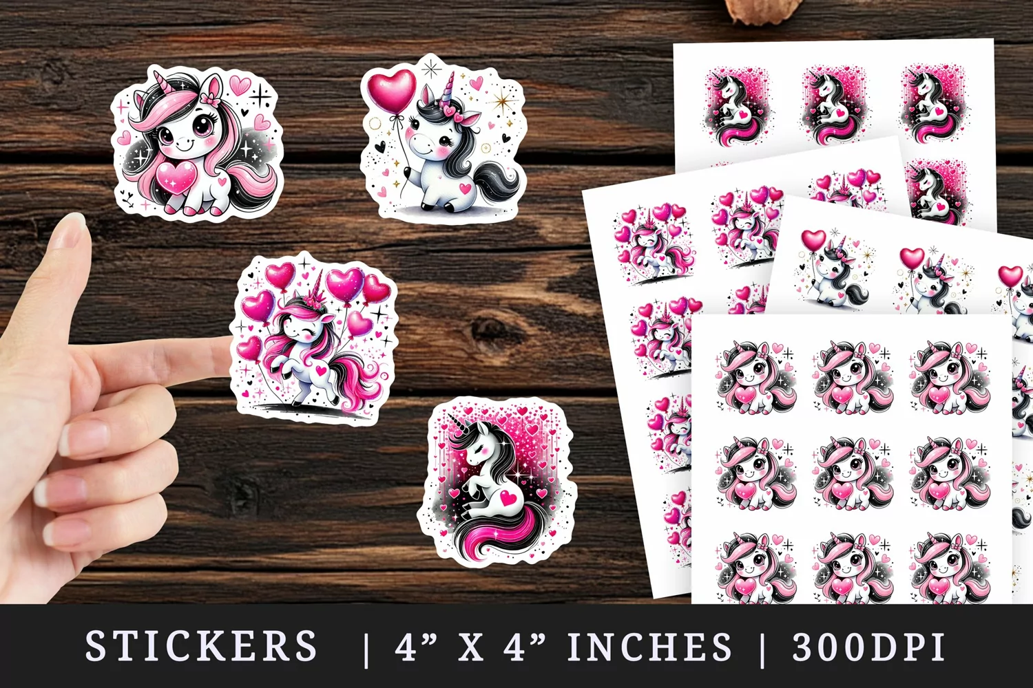 Watercolor cute unicorn holding neon pink sparkling heart balloon Valentines Day love print sticker sheet stickers printable sublimation design png