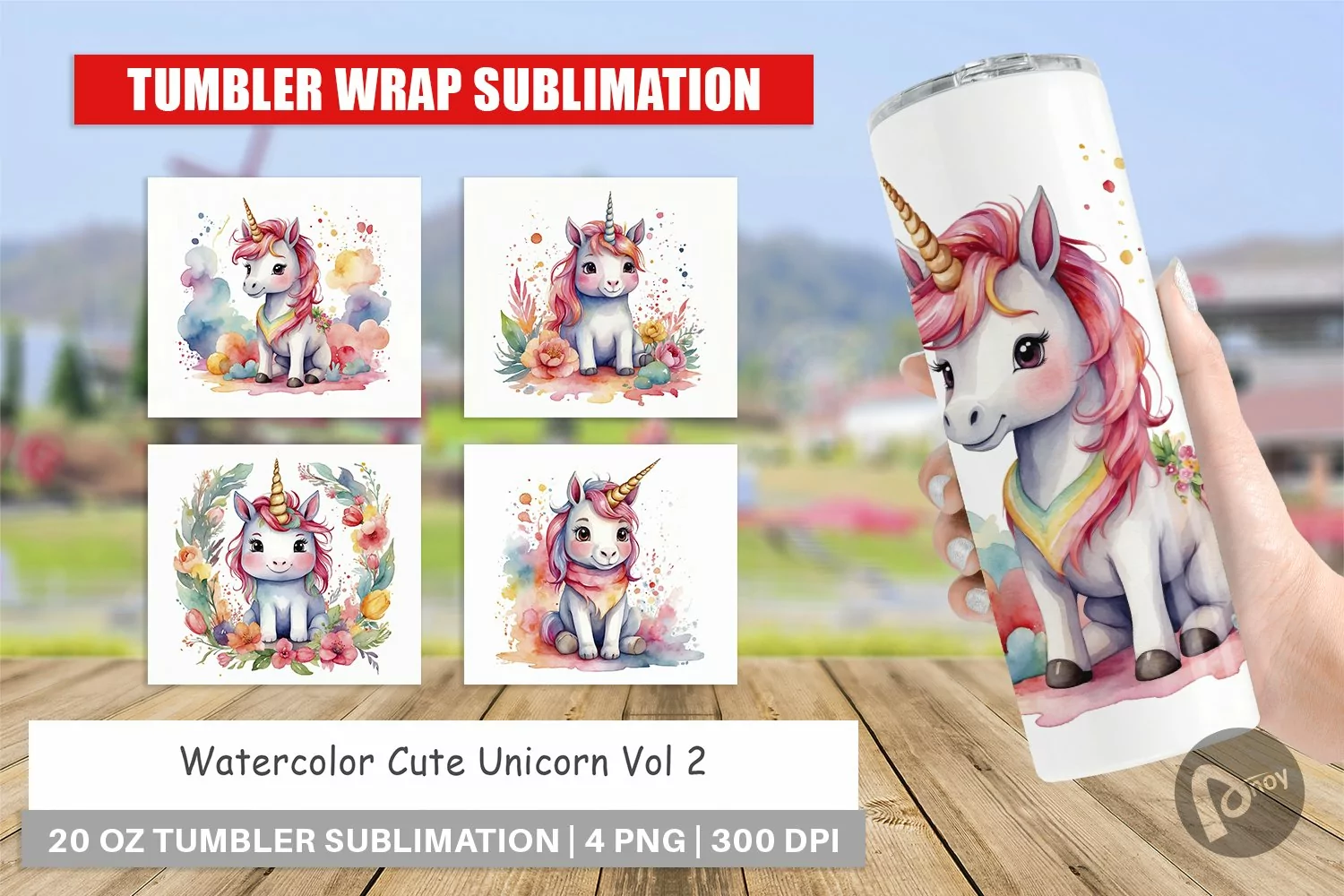 Tumbler Wrap Watercolor Cute Unicorn product image 1