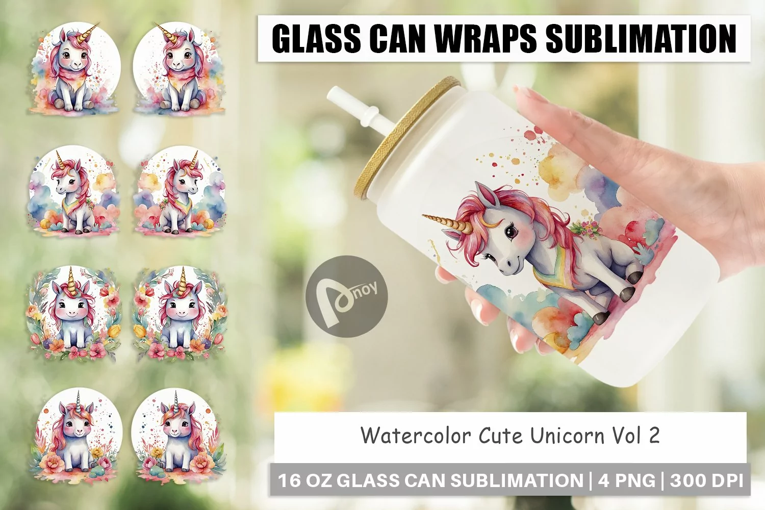 Glass Can Wraps Watercolor Cute Unicorn product image 1
