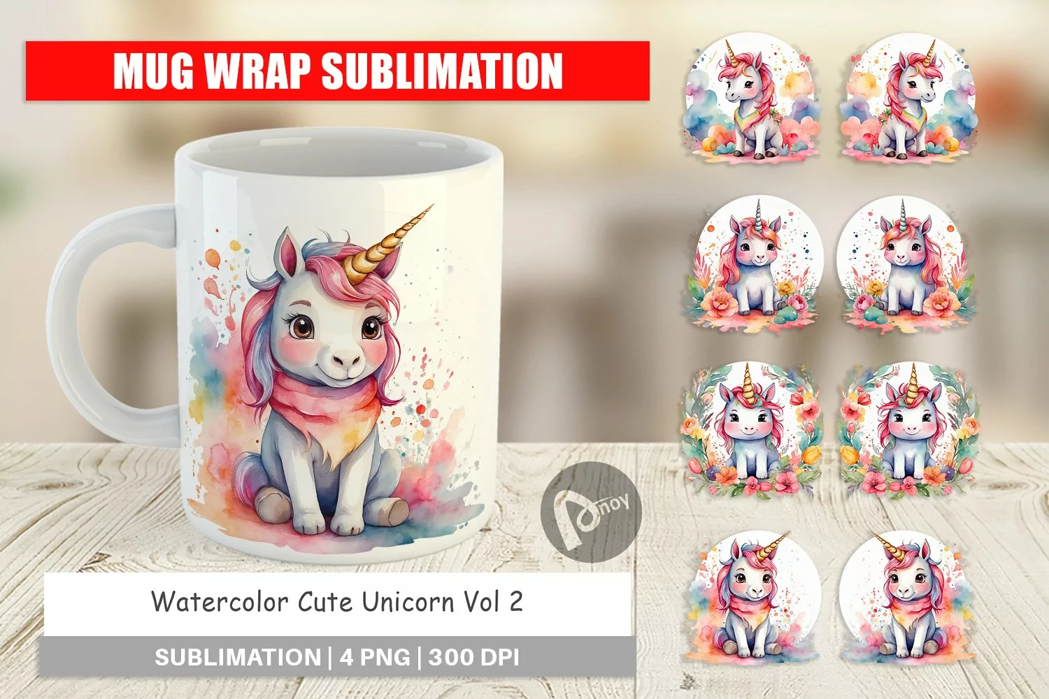 Mug Wrap Design Watercolor Cute Unicorn product image 1