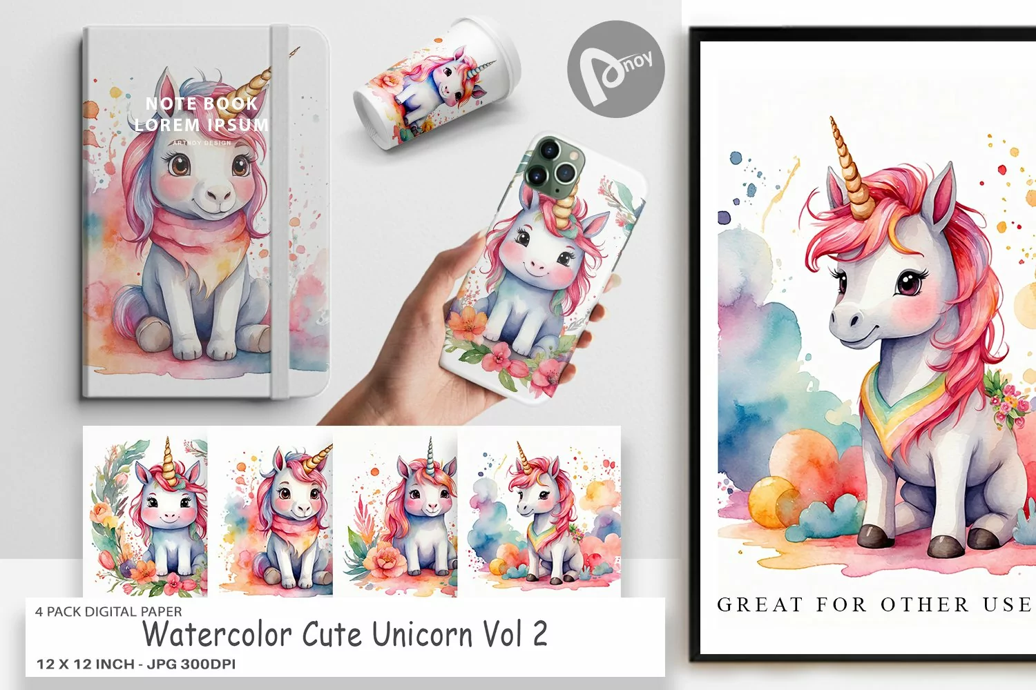 Digital Paper Watercolor Cute Unicorn product image 1