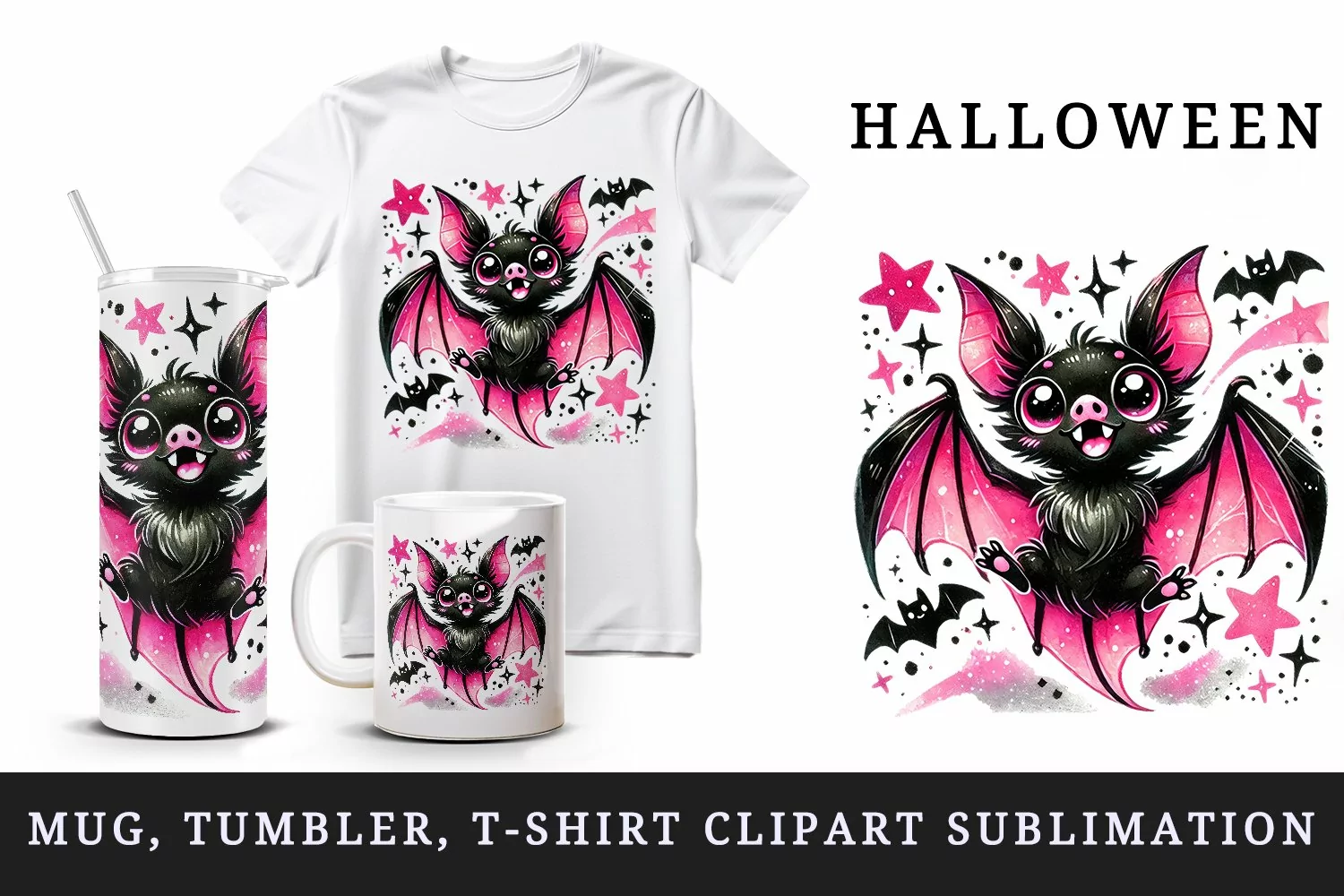 Watercolor cute vampire bat with sparkling stars neon pink wings Halloween print tumbler skinny mug wrap clipart t-shirt sublimation printable design