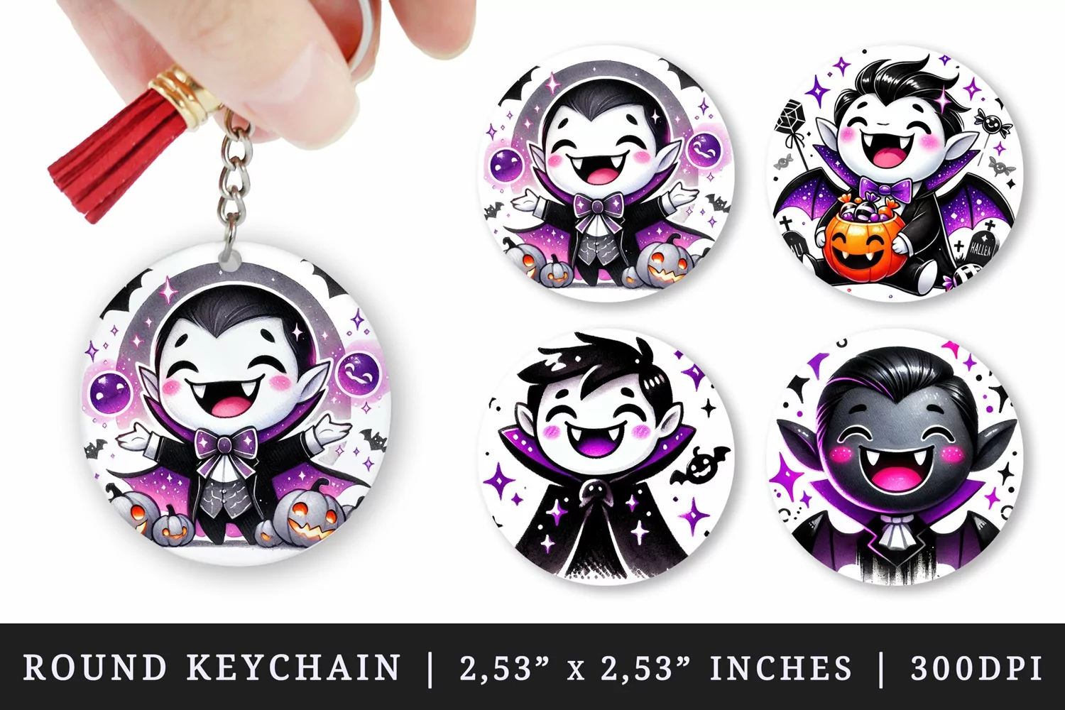 Watercolor cute vampire neon purple sparkles pumpkin candy bat Halloween print round keychain keychains sublimation design