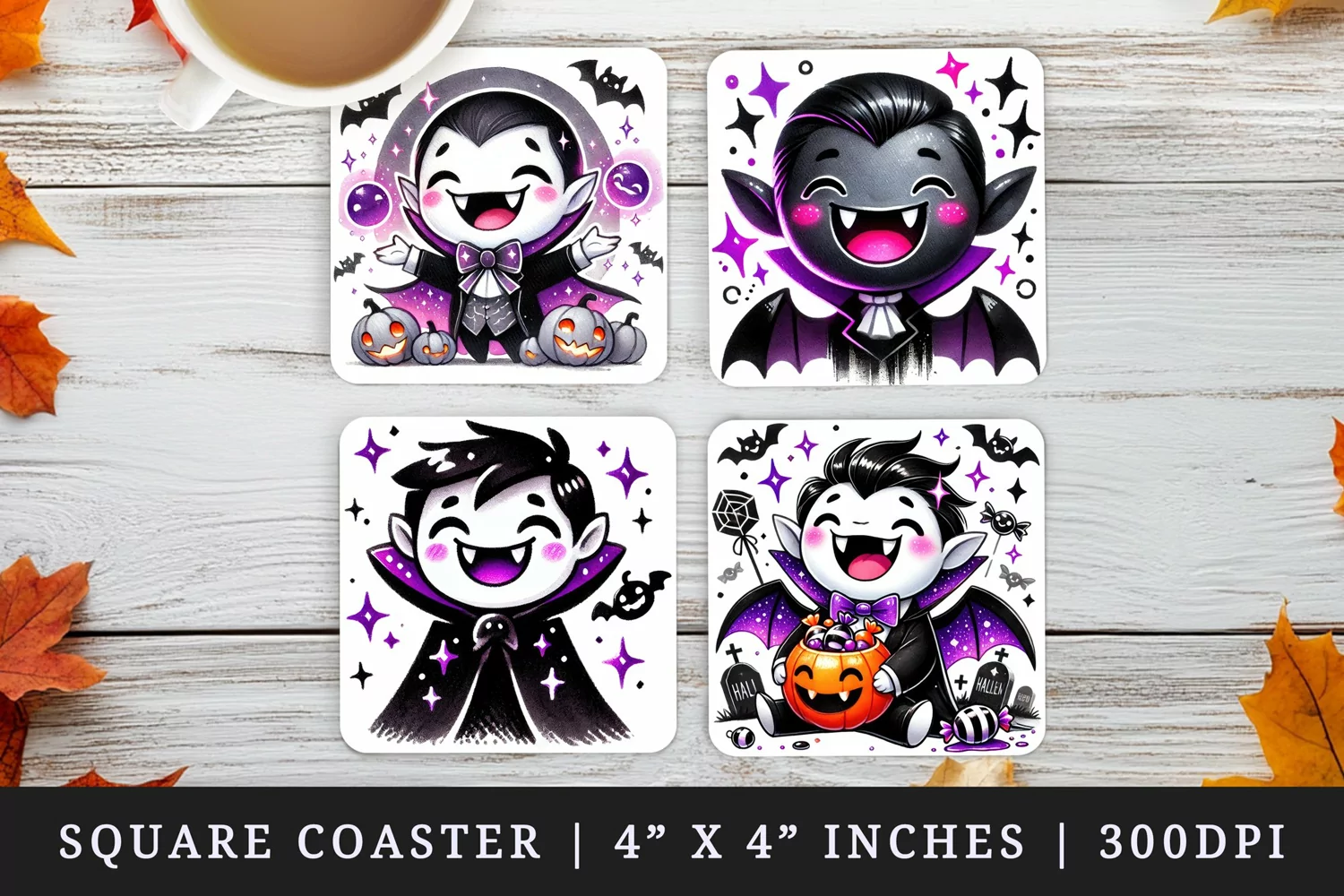 Watercolor cute vampire neon purple sparkles pumpkin candy bat Halloween print square coaster mug coasters sublimation design