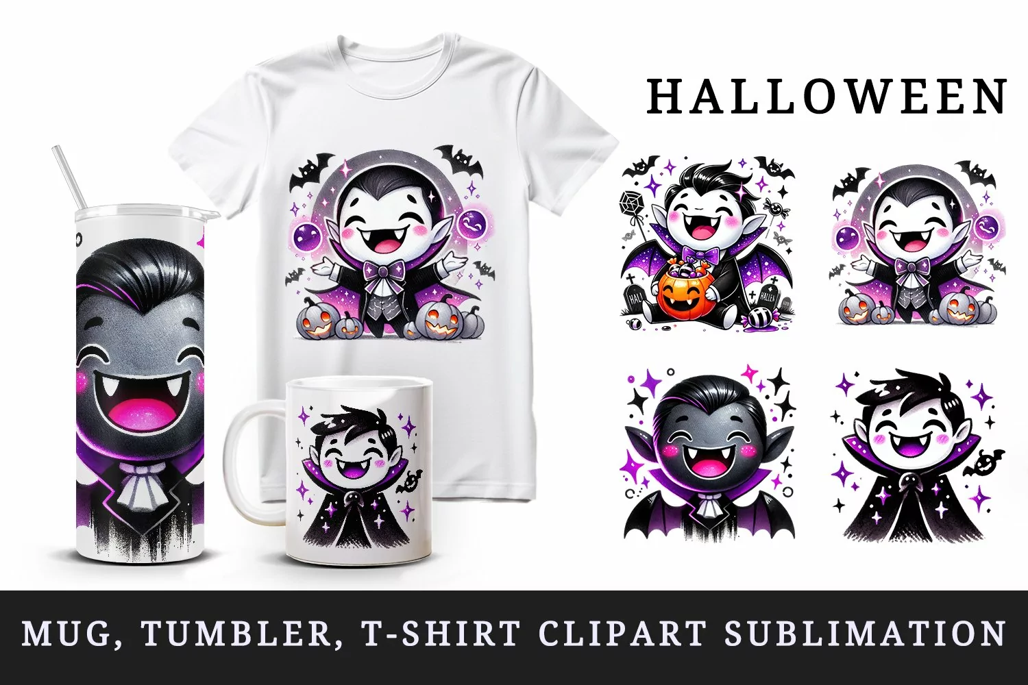 Watercolor cute vampire neon purple sparkles pumpkin candy bat Halloween print tumbler skinny mug wrap clipart t-shirt sublimation printable design