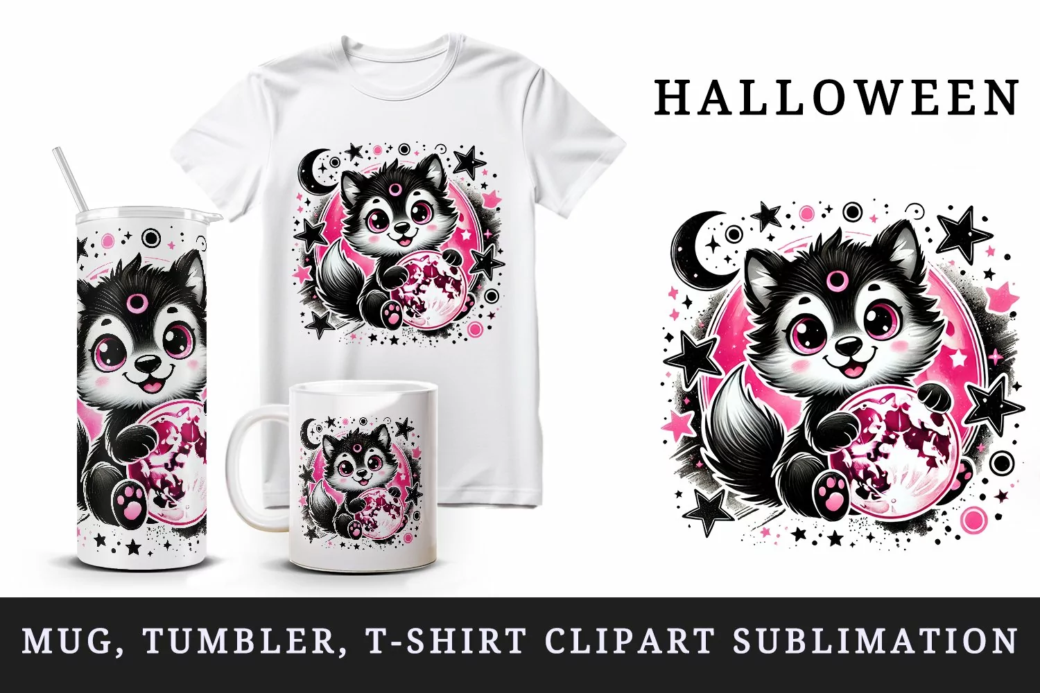 Watercolor cute werewolf wolf neon pink full moon stars Halloween print 20 oz tumbler skinny mug wrap clipart t-shirt sublimation printable design