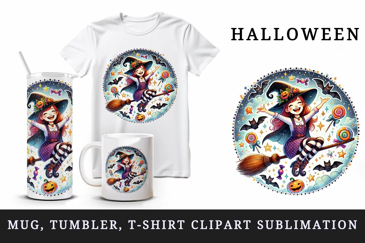 Watercolor cute witch flying on broomstick circular Halloween print 20 oz tumbler skinny mug wrap clipart t-shirt sublimation printable design