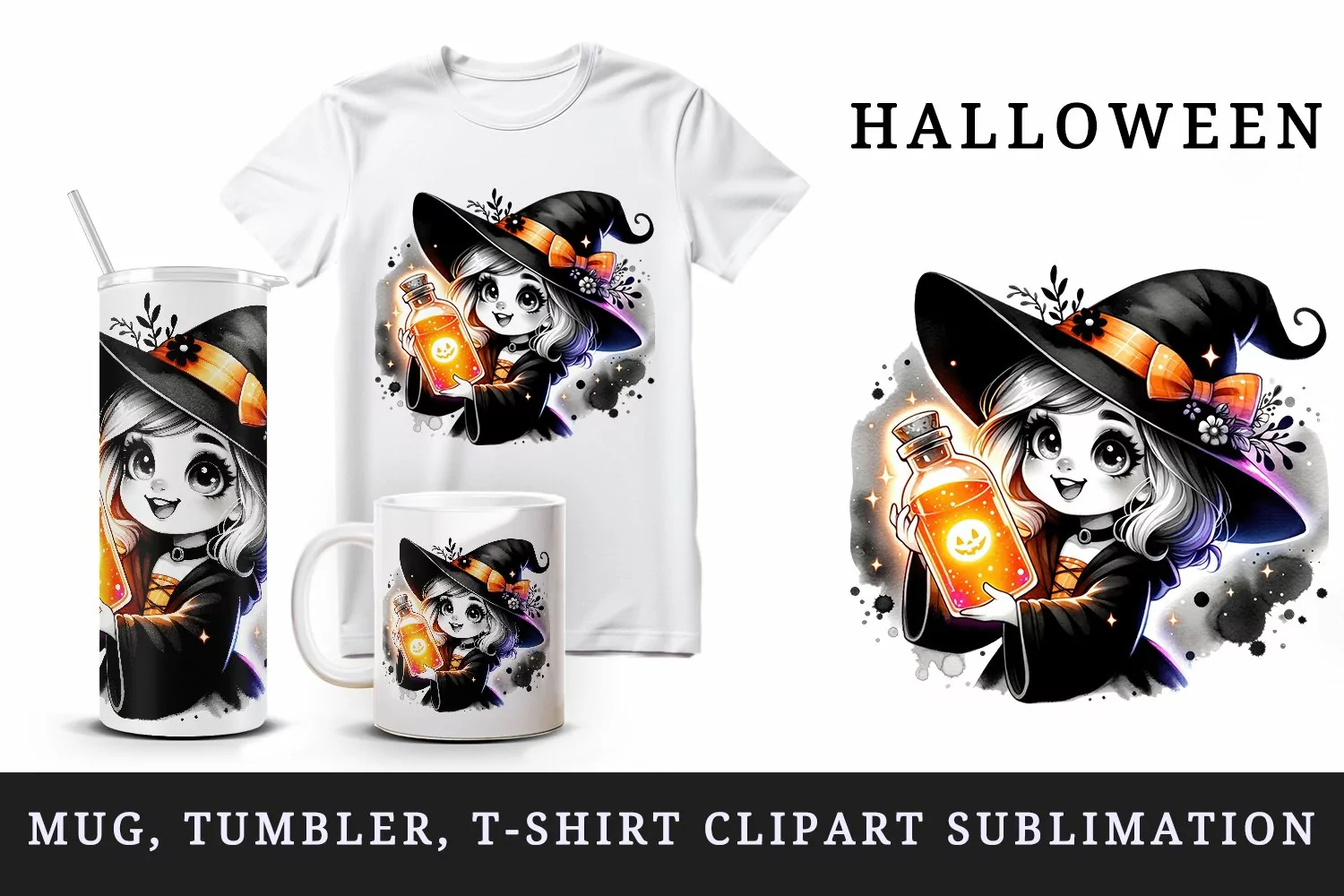 Watercolor cute witch hat holding glowing neon potion bottle Halloween print 20oz tumbler skinny mug wrap clipart t-shirt sublimation printable design