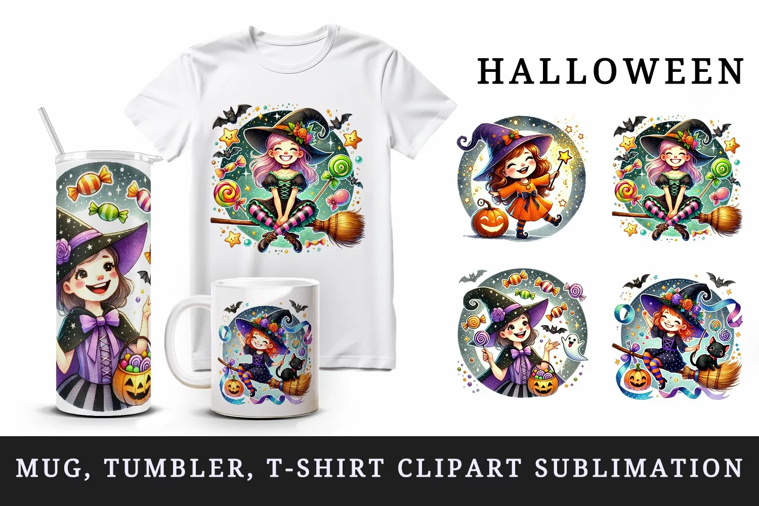 Watercolor cute witch pumpkin broomstick candy bat black cat Halloween print tumbler skinny mug wrap clipart t-shirt sublimation printable design