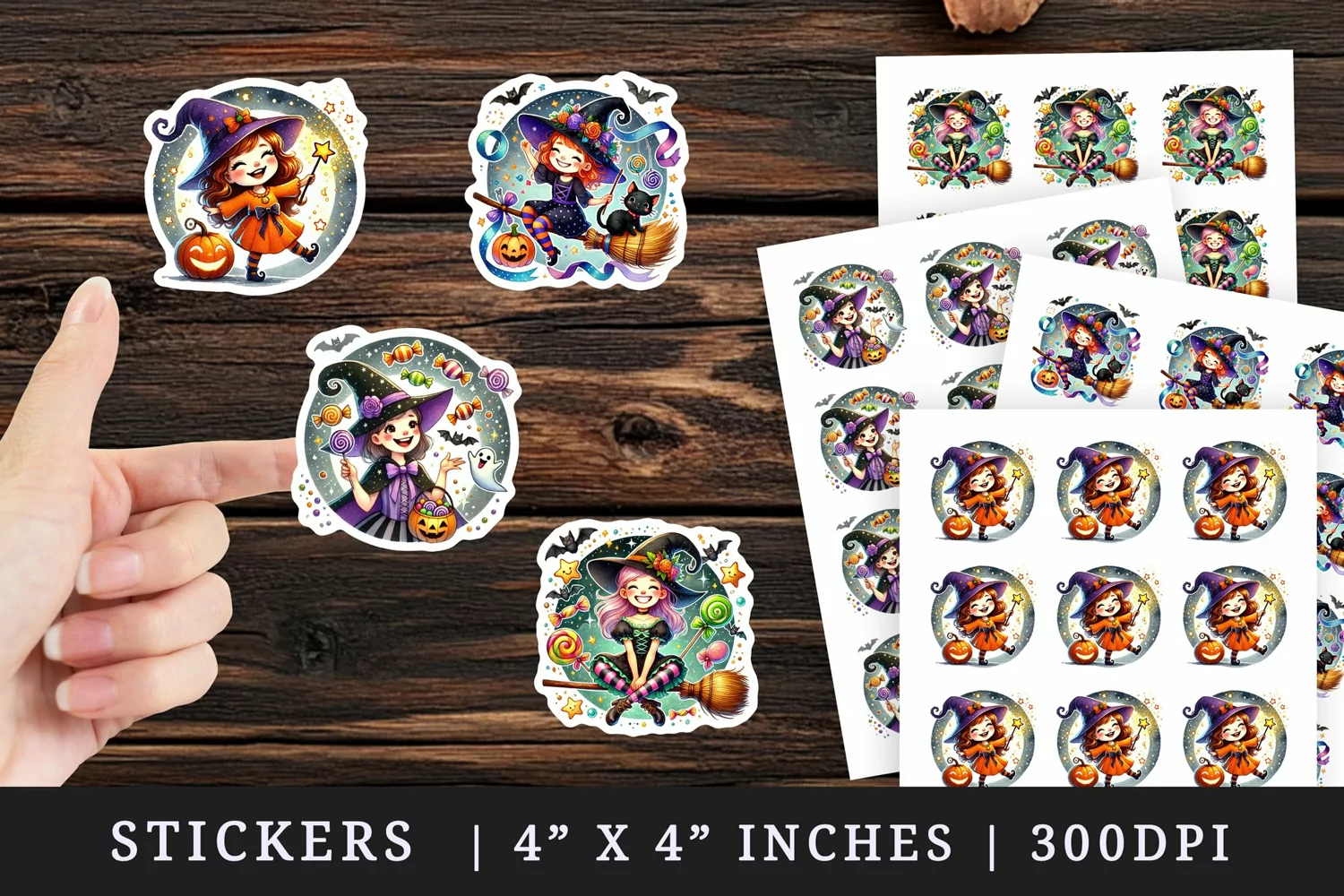 Watercolor cute witch pumpkin broomstick candy bat black cat hat candy Halloween print sticker sheet stickers printable sublimation design png