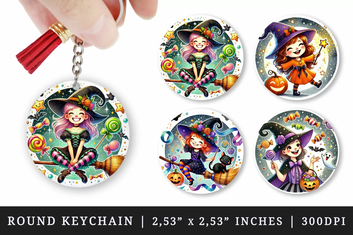 Watercolor cute witch pumpkin broomstick candy bat black cat hat candy sparkles Halloween print round keychain keychains sublimation design