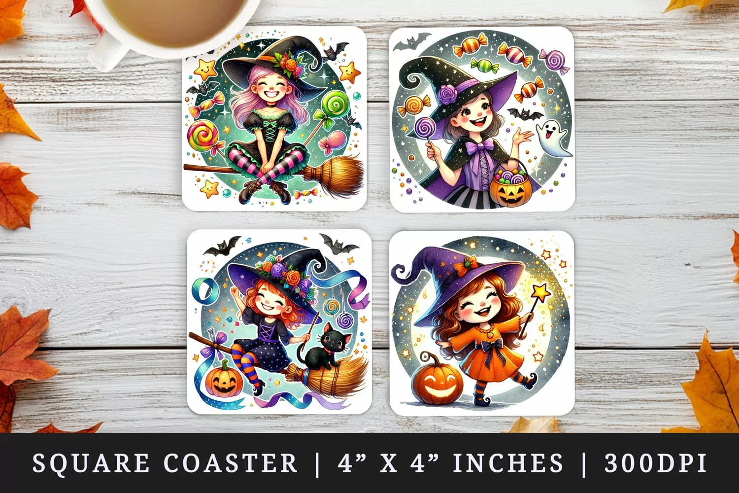 Watercolor cute witch pumpkin broomstick candy bat black cat hat candy sparkles Halloween print square coaster mug coasters sublimation design
