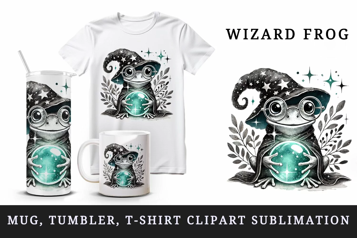 Watercolor cute wizard frog hat magical glasses crystal ball fantasy print 20 oz tumbler skinny mug wrap clipart t-shirt sublimation printable design