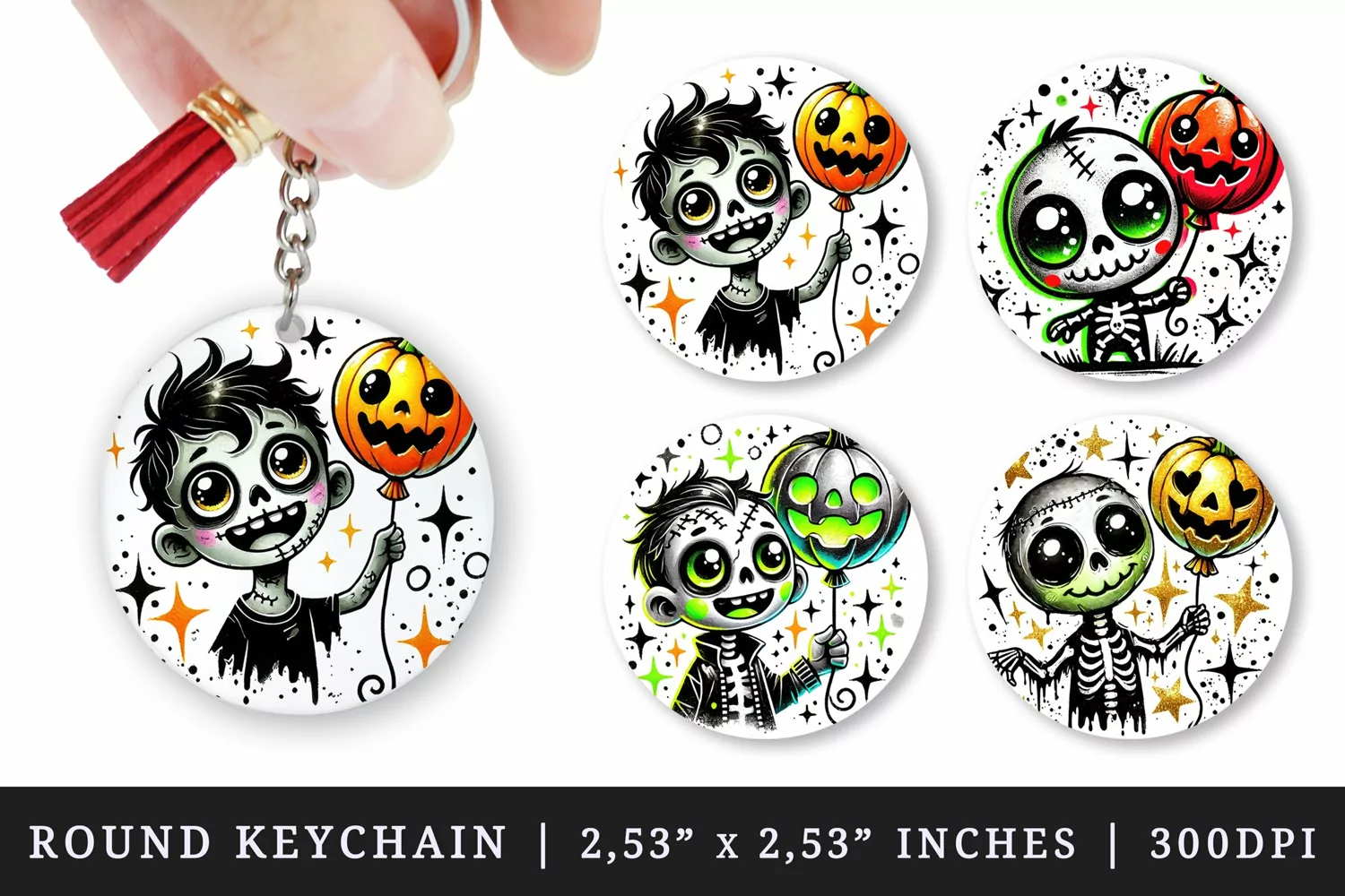 Watercolor cute zombie holding neon green balloon pumpkin Halloween print round keychain keychains sublimation design
